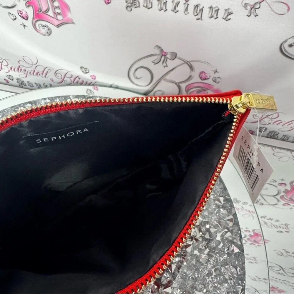 Sephora bag makeup cosmetic case bag red black gold zipper brand new